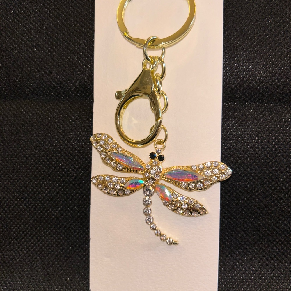 Gold Dragonfly Keychain/Purse Charm with Rhinestones; NWT